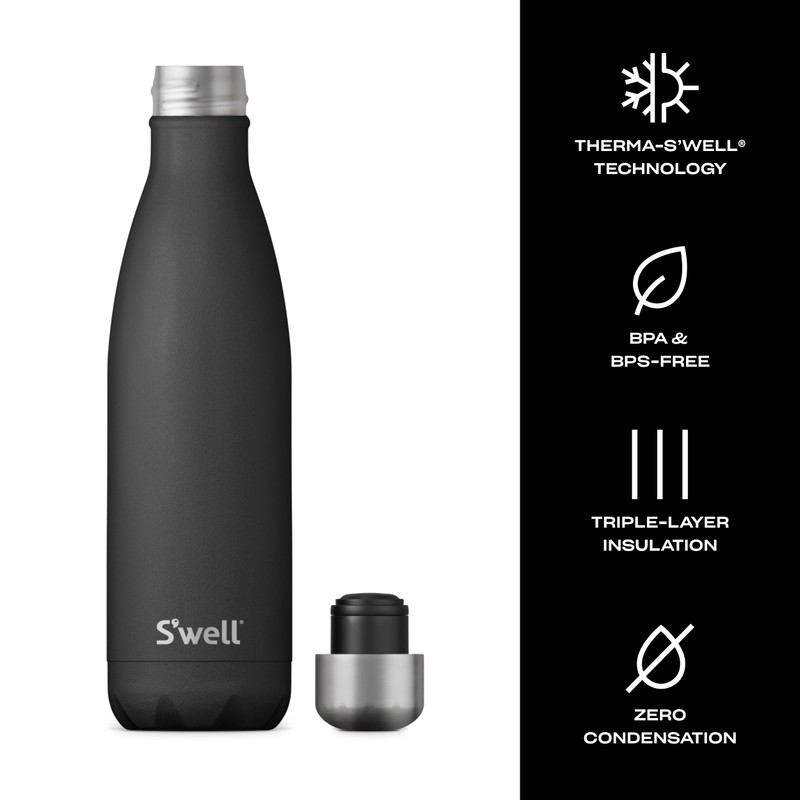 S’well Stainless Steel 17oz Water Bottle, Onyx Black, Triple-Layer Vacuum