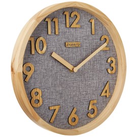 12 inches Silent Non-Ticking Quartz Wall Clock Kitchen Clock,3D Wood Numbers Display,Wood Frame and Linen Face Clock for Home Office Classroom School (Natural Wood+Gray Linen)