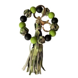 Phamines Silicone Beaded Keychain Bracelet Key Ring with Leather Tassel,Rock Leopard Beads Key Chain Holder Wristlet Bangle for Women (Green Camouflage)