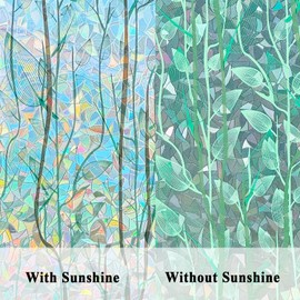 Decorative Privacy Window Film Green Rainbow Leaf Stained Glass Door Clings Static No Glue for Home and Office Anti UV Glare Window Sticker Tints,35 inches by 78.7 inches