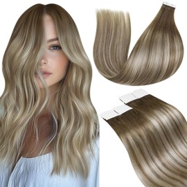 LaaVoo Extensiones Adhesivas Pelo Humano Extensiones de Cabello Adhesivas Balayage Marrón Ligero Ombre Rubio más Ligero 22Pulgadas/55cm Extensiones Adhesivas Invisibles 50g/20piezas#8/60/8