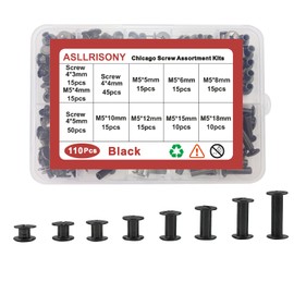 ASLLRISONY 110 Sets Chicago Screws Assorted Kit,8 Sizes of Round Flat Head Leather Rivets Metal Screw,Used for Leather Crafts, Clothing, Shoes, Belts, Bags, and Custom-Made Items(Black)