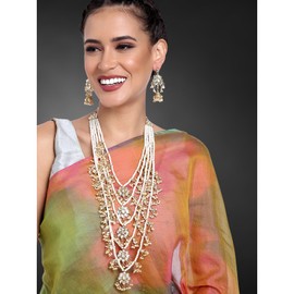 Aheli Multi Layered Faux Pearl Beaded Kundan Collar con pendientes colgantes Indian Bollywood Jewelry para mujeres