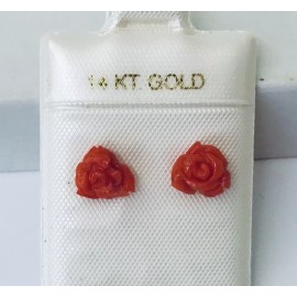 Unbranded Small 14K Gold  Genuine Natural Aka Red Coral Hand Carved Rose Stud Earrings NEW
