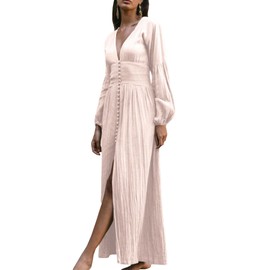 FYEARFOX Women's Button Down V Neck Lantern Long Sleeve Maxi Dress High Split Pleated Vintage Long Dress(BG,S) Beige