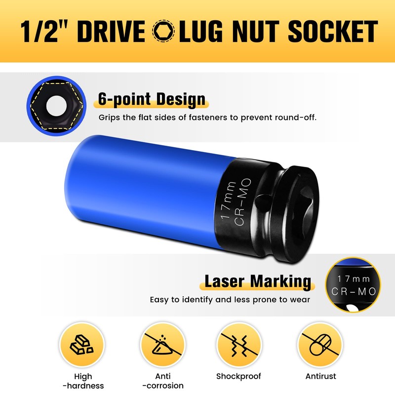 BOEN 17mm 1/2" Drive Wheel Protector Impact Socket, Non-Marring Lug
