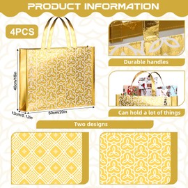PerKoop 4 Pcs Extra Large Christmas Gift Bag 20 x 16 Inch Jumbo Golden Pattern Gift Bag Non Woven Fabric Reusable Gift Bag Oversized Tote Gift Bags for Xmas Weddings, Bridal Showers, Birthdays