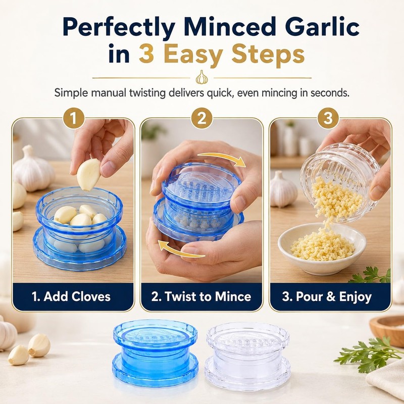 Manual Garlic Twister 2 Pcs, Clear Blue Garlic Mincer &