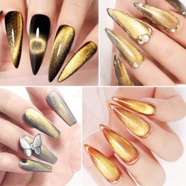 MIZHSE Universal Gold Cat Eye Gel Nail Polish, 9D Wide Magnetic Gel Polish with Magnet Stick, 10ml Galaxy Effect Bright Glitter Shimmer Cateye Nail Gel Soak Off Nail Art Manicure DIY at Home