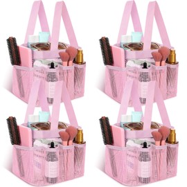 Hillban 4 Pcs Mesh Shower Caddy Portable Large Shower Caddy Basket with Deeper 8 Pockets for College Dorm Room Quick Dry Shower Essentials 2 Handles Hanging Shower Bag (Pink)