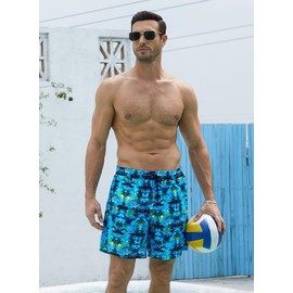 XiaoMoSha Mens Swimming Shorts Men Swim Trunks with Compression Liner 7" Quick Dry 2 in 1 Board Shorts for Beach Surfing, HawaiianGreen, L