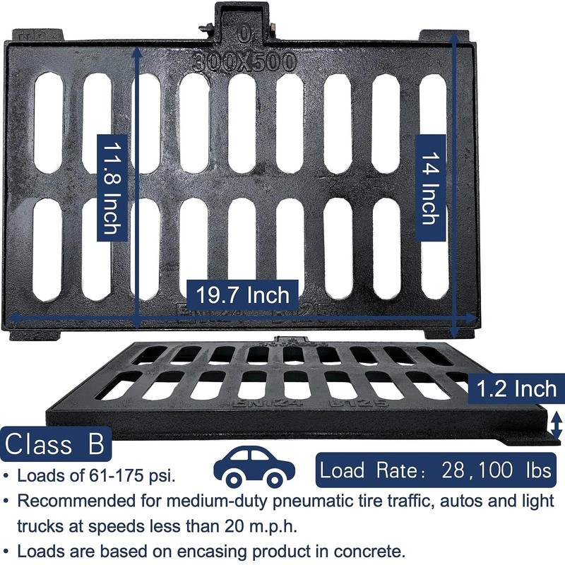 Cast Iron Drain Grate and Frame 20x12 in, B-Class 28100