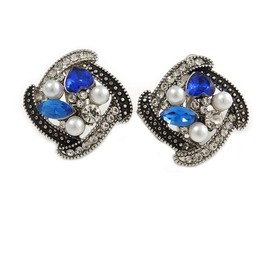 Marcasite Square Blue/Clear Crystal, White Faux Peal Clip On Earrings In Antique Silver Tone - 20mm L