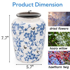 Goaste Vintage Blue and White Porcelain Vase, 7.7 Inch Tall Large Chinoiserie Vases, Decorative Blue Ceramic Flower Jardiniere, Handmade Oriental Floral Terracotta for Home Decor, Table Centerpiece