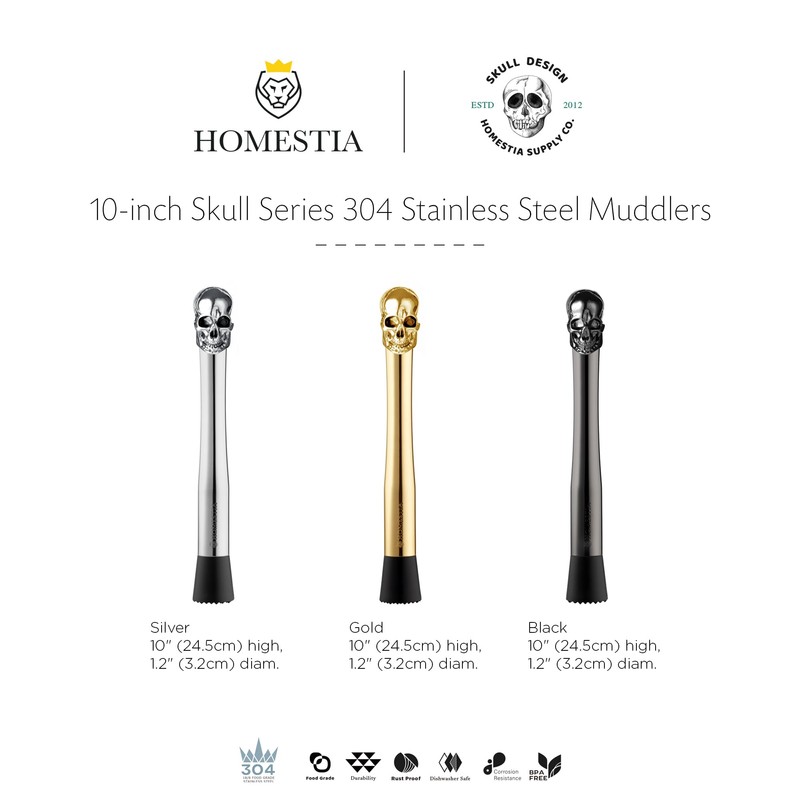 Homestia 4PCS Skull Muddler Set, 10 Inch 304 Stainless Steel