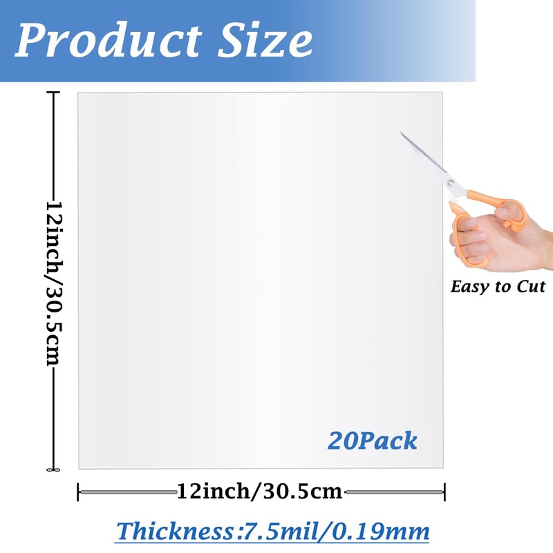 Wonninek 20 Pack 7.5Mil Mylar Sheets, 12X12 inch Blank PET