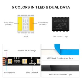 BTF-LIGHTING WS2805 IC RGBCCT Addressable Dual Data LED Strip 5050SMD 16.4FT 60LED/m 10Pixel/m 5 Colors in 1 Chasing Color RGB+CCT 3000K-6500K LED Lights Strip IP67 DC24V(No Adapter or Controller)