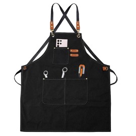 DAKLUNAR Canvas Aprons Work Apron for Men and Women Apron with Adjustable Strap and 3 Pockets Aprons for Waiters Kitchen Garden Cooking Coffee Baking Artist Painting Cross Back, black
