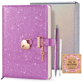 Yonavita Purple Glitter Diary with Lock & Key, No-Shed Sparkle Secret Journal, Birthday Gift for Girls Ages 6-12, A5 Lined Notebook 8.4"x5.7" with Pen, Refill, Bracelet & Gift Box