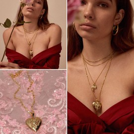 GOLDCHIC JEWELRY Copper/Stainless Steel Locket Chain Pattern Relief Women's Necklace Heart Pendant in Silver/Gold/Rose Gold with Desired Avur Pictures Amulet 20 Inches + 5 cm for Women, Copper