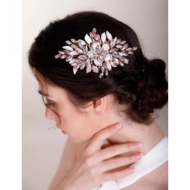 Chargances Bridal Flower Leaf Hair Comb Wedding Crystal Hair Side Comb Fashion Rose Gold Rhinestone Handmade Headpiece Bridal Hair Accessories for Wedding Prom Flower Girl (Rose Gold)