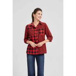 Women's Plaid Blouse, Long Sleeve Button Down CANUAL (US, Alpha, Small, Regular, Regular, KYAL-2024025-Red)