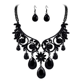 BriLove Women's Tribal Ethnic Crystal Chunky Statement Necklace Dangle Earrings Set All Black Black-Toned