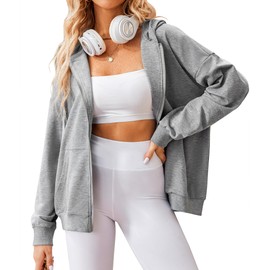 Zeagoo Womens Zip Up Sweatshirts Jackets Long Sleeve Casual Loose Hoodies Outwear with Pockets Light Grey