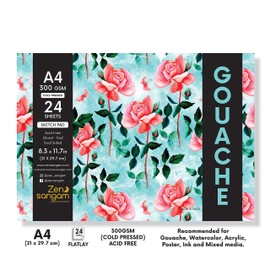 Zen Sangam A4 Artists' Gouache Glued Sketch Paper Pad - 24 Sheets (48 Pages) - 300GSM Cold Pressed Gouache Paper - Gouache Book (Landscape A4)