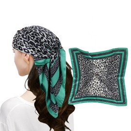 MEANBEAUTY Women's 70 x 70 cm Silk Scarf Lightweight Bandana Multicoloured Scarf Head Scarf Hair Scarf, Leopard/Dark Green, Unit size