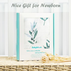 BabyWhale Muslin Swaddle Blanket with Hat and Headband Bow, Boho Green Eucalyptus Leaves Swaddle Set for Newborns, Breathable Receiving Blanket Wrap, Large 47x47 inches