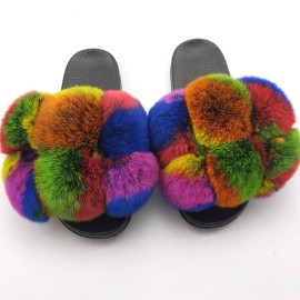 2027 NEW KJ Colorful Ladies Slippers Fluffy Sexy Slippers for Women Flat Home Woman's Indoor Warm Furry ShoesColor: Black, US Size: 4