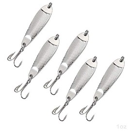 5pcs Fish WOW! 1oz Casting Spoon Jig Lures Hopkins Style Hammered Spoons with a Treble Hook - Silver