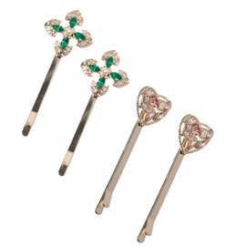 Vintage Hair Pins, Green Flower Hair Clips, 4 Pieces, Pink Crystal Rhinestone Hair Piece, Retro Hair Accessories for Women, Girls