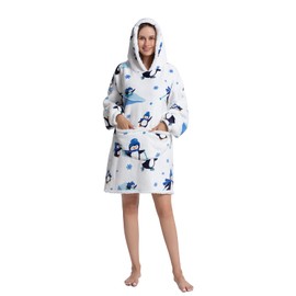 Geagodelia Oversized Hoodie Blanket Fluffy Fleece Blanket Hoodie for Women Kids Soft Warm Wearable Hooded Blanket Family Matching Winter (White - Penguin, 6-10 Years)