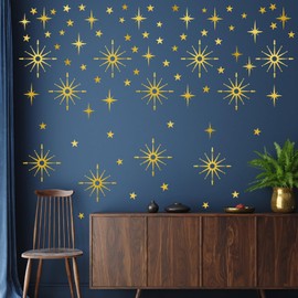 Gold Star Wall Stickers Retro Starburst Wall Decals Peel and Stick for Bedroom Living Room Decor Ceiling Stars Atomic Mid Century Wall Art Murals Modern Viny Wall Decal for Nursery Kids Room