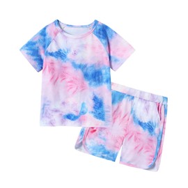 DISAUR Girls Short Sets 2 Piece Tie Dye Cute Outfits for Girls T-Shirt and Shorts Set with Side Pockets 7-8 Years for Outdoor Adventures