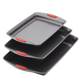 Rachael Ray Bakeware Nonstick Cookie Pan Set, 3-Piece, Gray with Red Grips