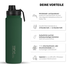 720°DGREE Edelstahl Trinkflasche 950ml “noLimit” - Auslaufsicher, Kohlensäure geeignet, BPA-Frei - Thermosflasche, Isolierflasche mit Schraubverschluss für Sport, Fitness, Outdoor +Gratis Sportdeckel