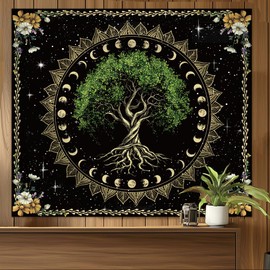 WEBEEDY Tree of Life Tapestry Nature Forest Tapestry Wall Hanging Moon Sun Stars Nature Tapestries Vintage Aesthetic Nature Wall Backdrop for Photography Home Decoration(130x150cm/4.27x4.92ft)