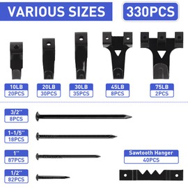 Rindion 330PCS Picture Hangers Kit, Wall Hangers with Hooks, Sawtooth and Hardware Nails, Picture Hooks for Frame, Painting, Artwork, Photo, Wall Mounting (Black)