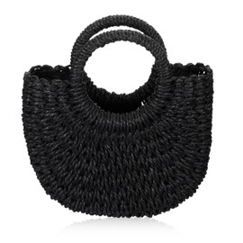 Frienda Straw Tote Bag Summer Beach Bag Handmade Straw Rattan Woven Handbag for Women Travel (10.24 x 5.51 x 7.09 Inch,Black)