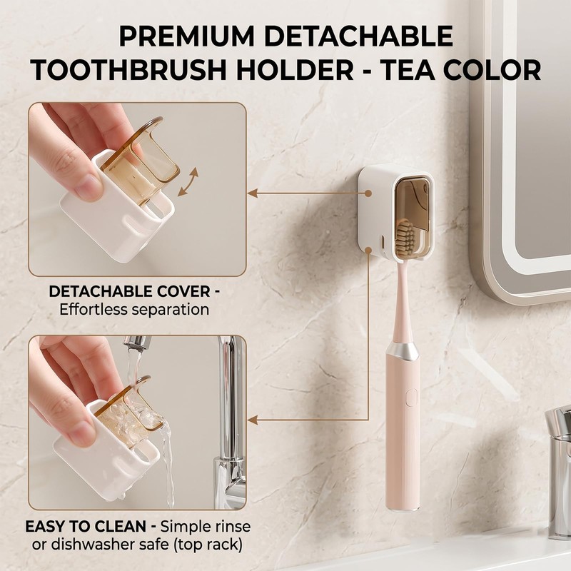 No-Drill Wall-Mounted Toothbrush Holder with Dust Cover, Detachable Self-Adhesive Electric