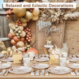 Boho Birthday Decorations Plates Set for 25 Guests,175Pcs Neutral Birthday Paper Plates Napkins Cups Cutlery Set for Women Girls