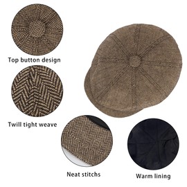 Vintage Wool Newsboy Cap for Kids Boys Girls - Tweed Flat Beret Cabbie Hat Pageboy for 5-9 Years Brown