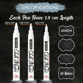 Chalk A licious 3x White Chalk Pens for Blackboards with 50 Black Labels - Liquid Chalk Markers - 1x(1mm,3mm,6mm) - Reversible Tips Bullet & Chisel