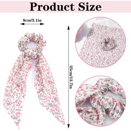3 PCS Hair Scrunchies Hair Scarf with Ribbon Bunny Ears, Chiffon Crushed Flower Bowknot Hair Ties, Elastic Hair Scarf Long Ribbon Ponytail Scrunchies for Women Girls (Pink, Yellow, Green)