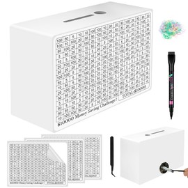 Wooden Money Saving Box, Cash Savings Box for $10000 $5000 $3000 Target Money Saving Challenge, Reusable Money Box with Counter, Cash Vault Bank with Dry Erase Pen/Savings Trackers/Rubber Band-White