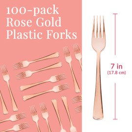 Prestee 100 Rose Gold Plastic Forks Heavy-Duty, Heavyweight Plastic Silverware Forks, Fancy Plastic Cutlery, Elegant Disposable Forks Pack, Bulk Disposable Flatware, Christmas Holiday Plastic Utensils