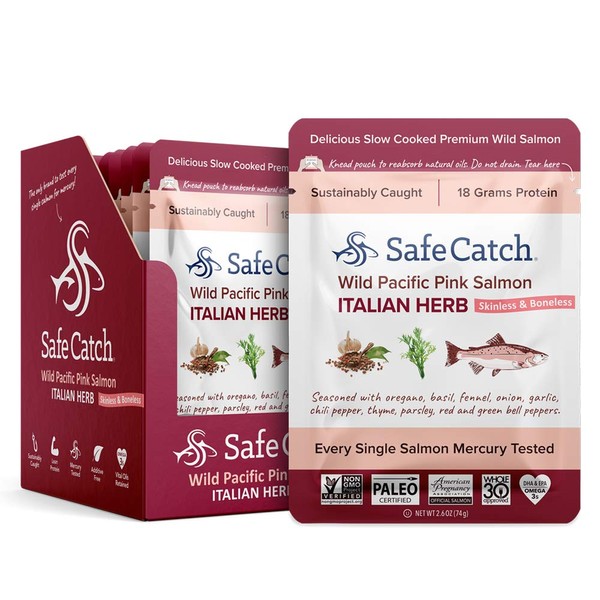 Safe Catch Skinless and Boneless Wild Pacific Pink Salmon Pouch, Italian Herb Seasoned, Mercury Tested, Kosher, 2.6oz Pouches, Pack of 12